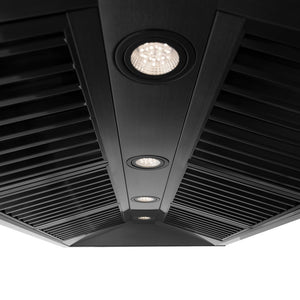 ZLINE Autograph Edition 48 in. Black Stainless Steel Range Hood with Champagne Bronze Handle (BS655Z-48-CB) baffle filters and LED lighting.