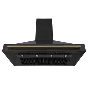 ZLINE Autograph Edition 48 in. Black Stainless Steel Range Hood with Polished Gold Handle (BS655Z-48-G) front, under.