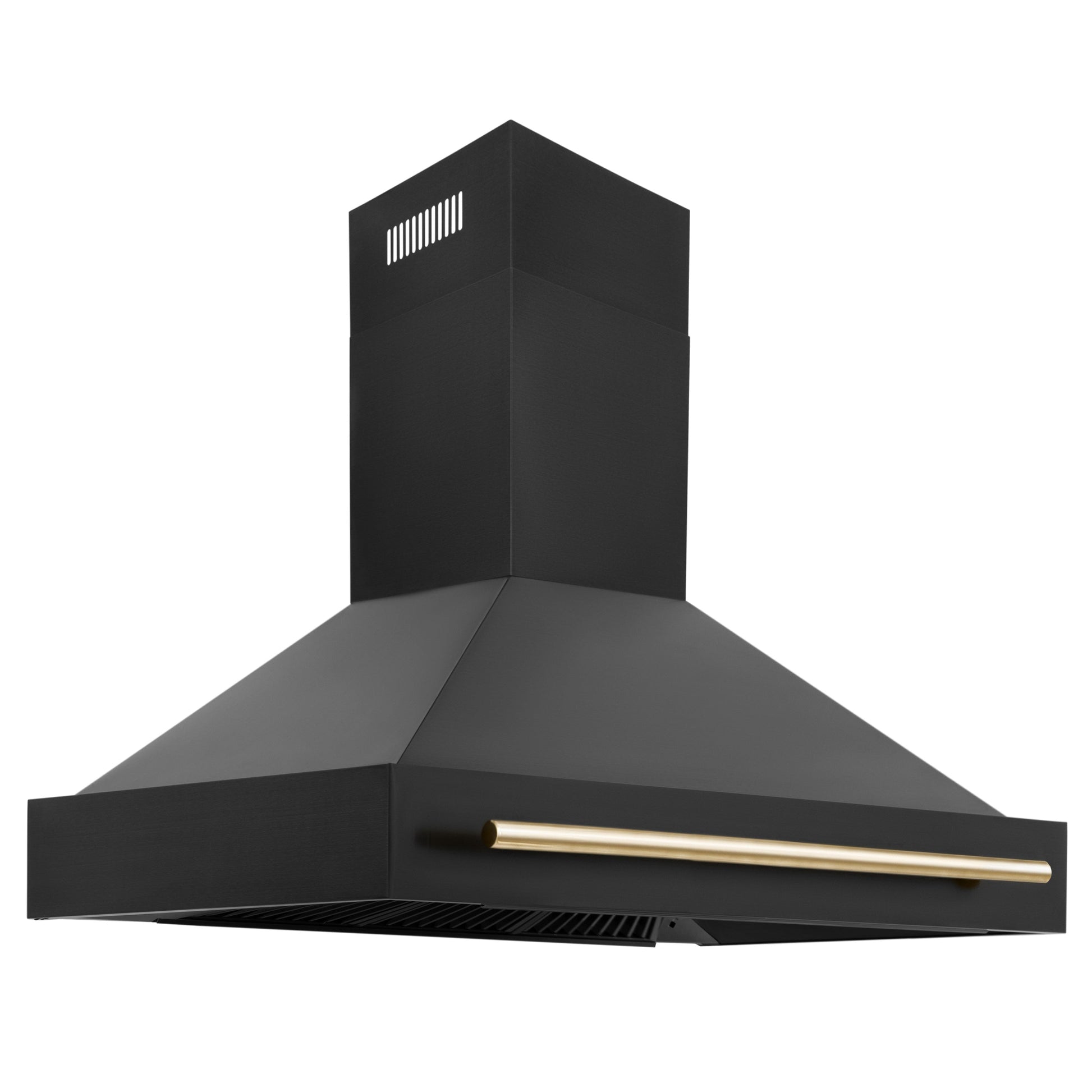 ZLINE Autograph Edition 48 in. Black Stainless Steel Range Hood with Polished Gold Handle (BS655Z-48-G) side.