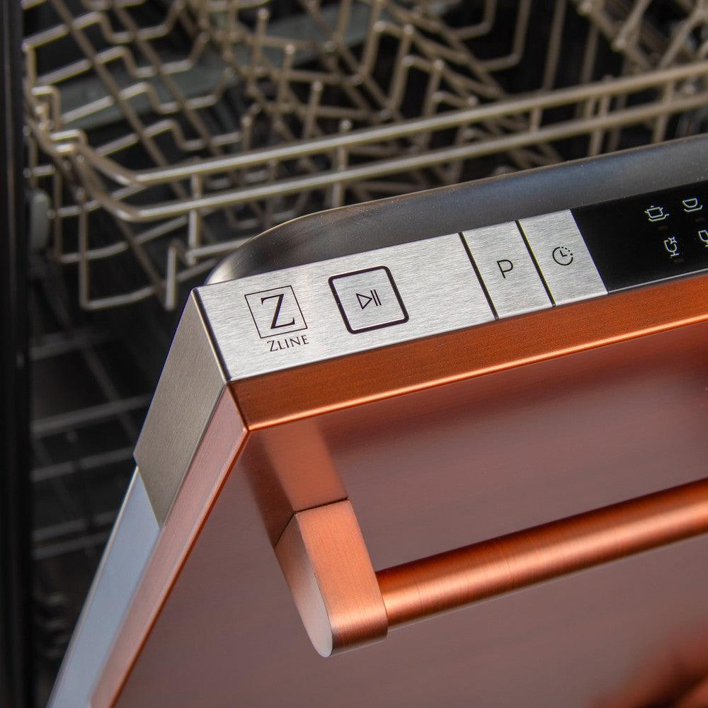 ZLINE 24 in. Top Control Dishwasher with Copper Panel and Traditional Style Handle, 52dBa (DW-C-H-24) front, door open with top touch control panel.