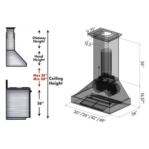 ZLINE Designer Series Wall Mount Range Hood in Oil-Rubbed Bronze (8667B) chimney height guide and dimensional diagram.