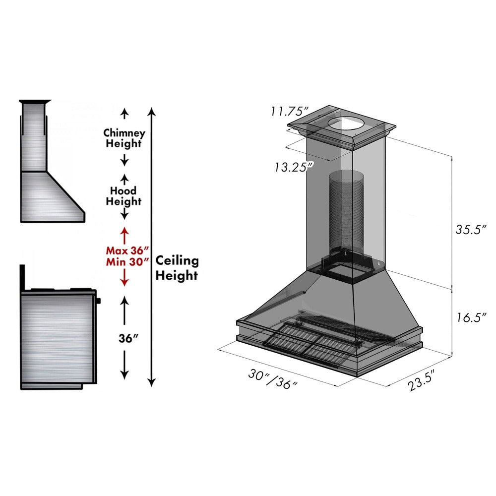 ZLINE Designer Series Fingerprint Resistant Wall Mount Range Hood (8656S) dimensional diagram with measurements and chimney height guide.