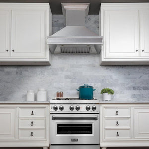 ZLINE Designer Series Fingerprint Resistant Wall Mount Range Hood (8656S) in a cottage-style kitchen from below.