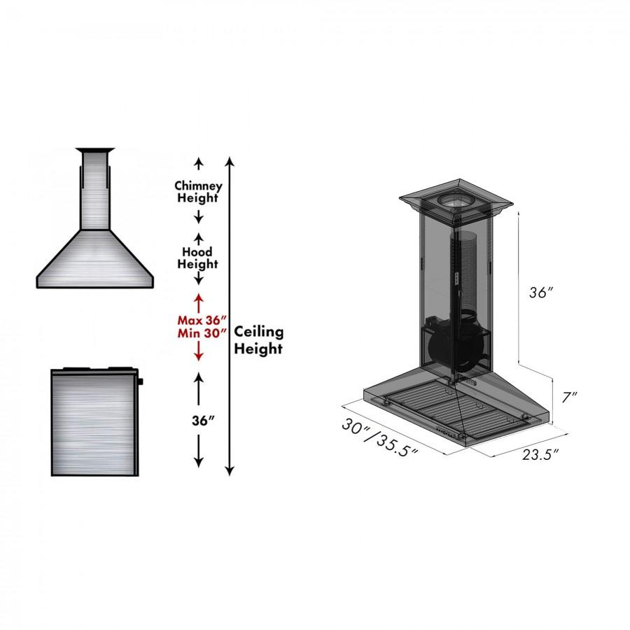 ZLINE Designer Series Hand Hammered Copper Island Mount Range Hood (8GL2Hi) dimensional diagram and chimney height guide.