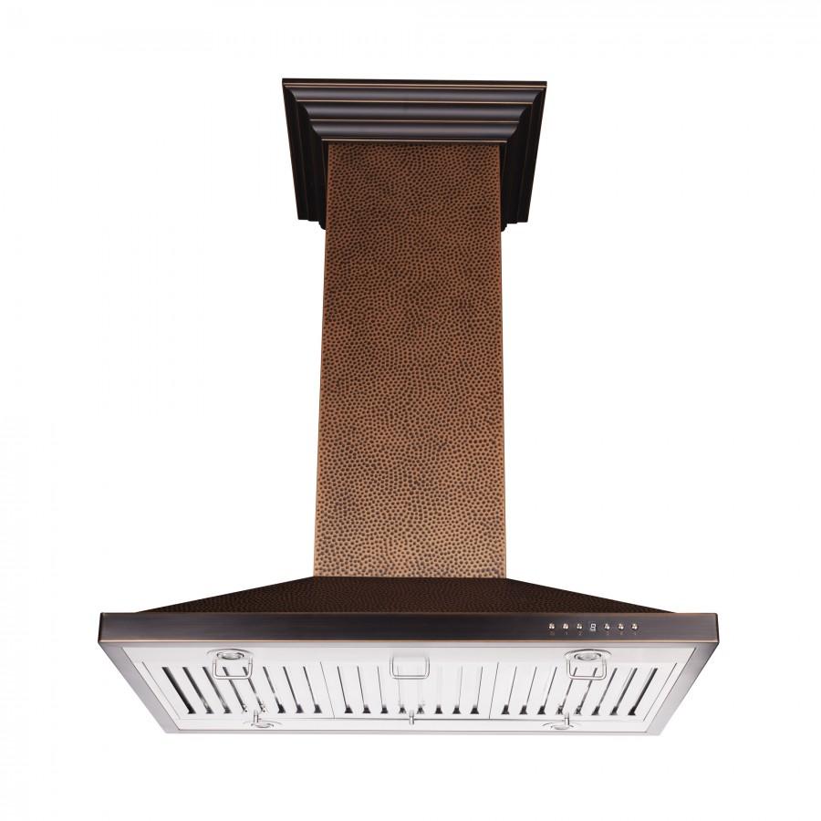 ZLINE Designer Series Hand Hammered Copper Island Mount Range Hood (8GL2Hi) front, under.