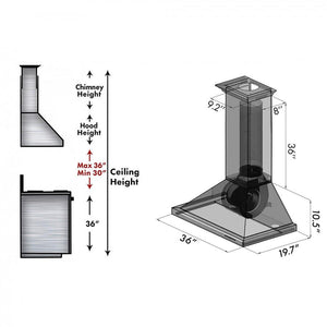 ZLINE Designer Series Hand-Hammered Wall Mount Range Hood (8KBH) dimensional diagram with measurements.