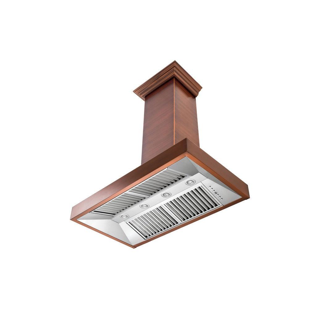 ZLINE Convertible Designer Series Copper Wall Mount Range Hood (8667C) angled under.