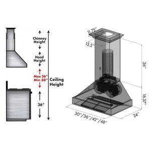 ZLINE Convertible Designer Series Copper Wall Mount Range Hood (8667C) chimney height guide and dimensions.