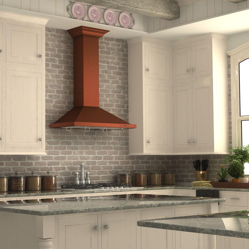 ZLINE Designer Series 7-Layer Copper Wall Mount Range Hood (8KBC) rendering in a farmhouse kitchen