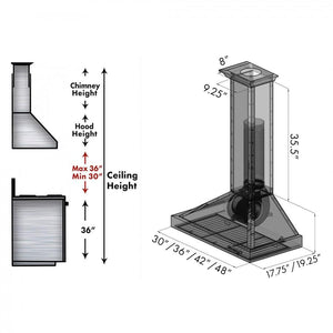 ZLINE Ducted Designer Series Wall Mount Range Hood in Hand-Hammered Copper (KB2-HBXXX) chimney height guide and dimensional measurements