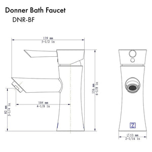 ZLINE Donner Single Handle Bath Faucet in Chrome (DNR-BF-CH) dimensional diagram.