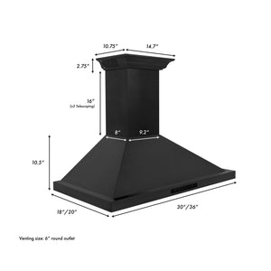 ZLINE Ducted Vent Wall Mount Range Hood in Black Stainless Steel with Built-in ZLINE CrownSound Bluetooth Speakers (BSKBNCRN-BT) dimensional diagram.