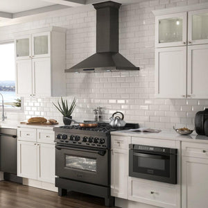 ZLINE Ducted Vent Wall Mount Range Hood in Black Stainless Steel with Built-in ZLINE CrownSound Bluetooth Speakers (BSKBNCRN-BT) in a cottage-style kitchen from side.