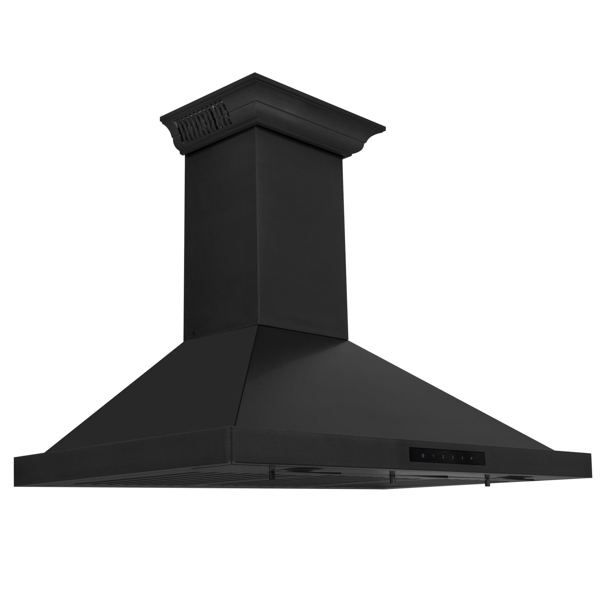 ZLINE Ducted Vent Wall Mount Range Hood in Black Stainless Steel with Built-in ZLINE CrownSound Bluetooth Speakers (BSKBNCRN-BT) side.