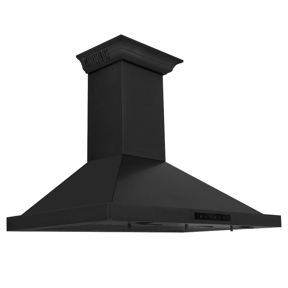 ZLINE Ducted Vent Wall Mount Range Hood in Black Stainless Steel with Built-in ZLINE CrownSound Bluetooth Speakers (BSKBNCRN-BT) side.