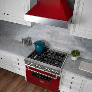 ZLINE Ducted Fingerprint Resistant Stainless Steel Range Hood with Red Gloss Shell (8654RG) in a luxury kitchen above matching range, above.