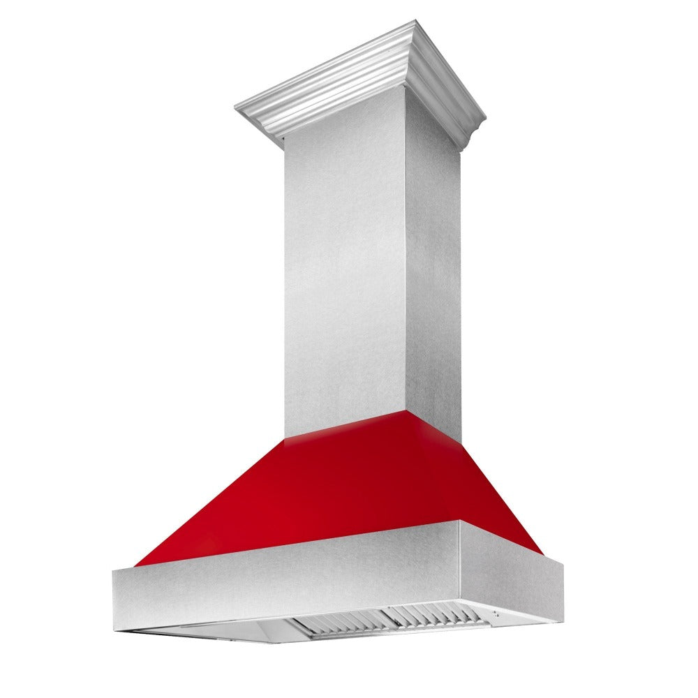 ZLINE Ducted Fingerprint Resistant Stainless Steel Range Hood with Red Gloss Shell (8654RG) side.