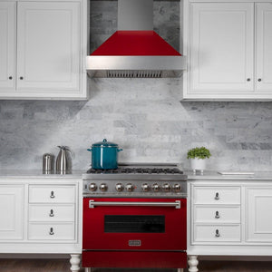 ZLINE Ducted Fingerprint Resistant Stainless Steel Range Hood with Red Gloss Shell (8654RG) in a luxury kitchen above matching range, front.