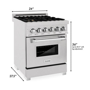 ZLINE 24 in. 2.8 cu. ft. Legacy Dual Fuel Range with Gas Cooktop and Electric Convection Oven in DuraSnow® Stainless Steel with 4 Brass Burners (RAS-SN-BR-24) dimensional diagram.