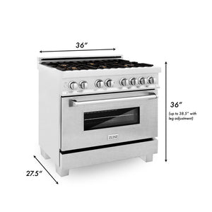 ZLINE 36 in. 4.6 cu. ft. Legacy Dual Fuel Range with Gas Cooktop and Electric Convection Oven in DuraSnow® Stainless Steel with 6 Brass Burners (RAS-SN-BR-36) dimensional diagram.