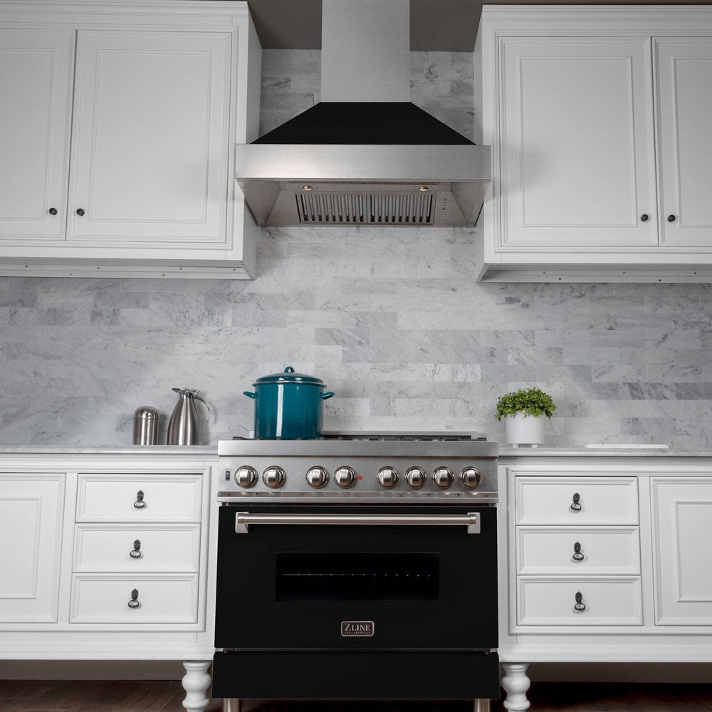 ZLINE Ducted Fingerprint Resistant Stainless Steel Range Hood with Black Matte Shell (8654BLM) above a matching range with Black Matte oven door, below.