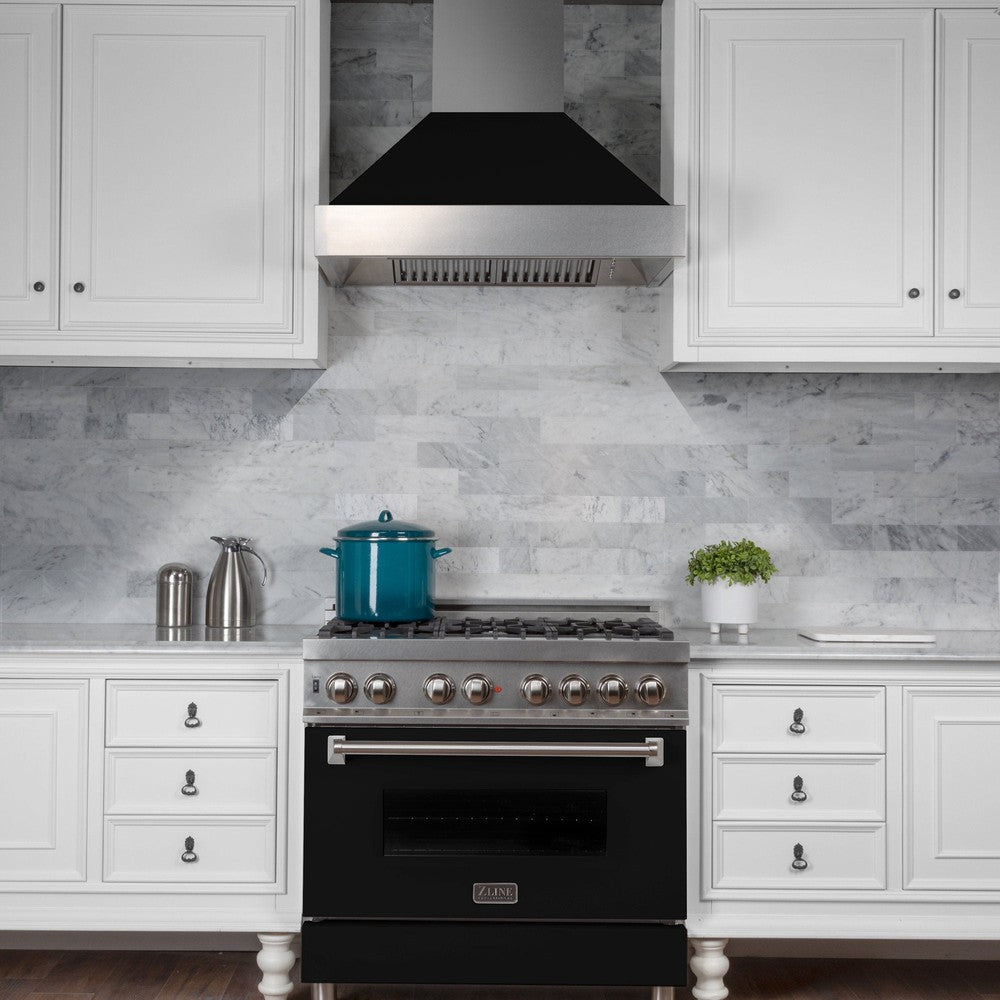 ZLINE Ducted Fingerprint Resistant Stainless Steel Range Hood with Black Matte Shell (8654BLM) above a matching range with Black Matte oven door, front.