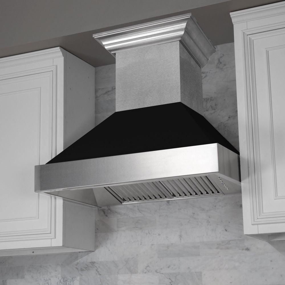 ZLINE Ducted Fingerprint Resistant Stainless Steel Range Hood with Black Matte Shell (8654BLM) with a short chimney in a kitchen.