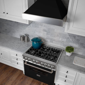 ZLINE Ducted Fingerprint Resistant Stainless Steel Range Hood with Black Matte Shell (8654BLM) above a matching range with Black Matte oven door, above.