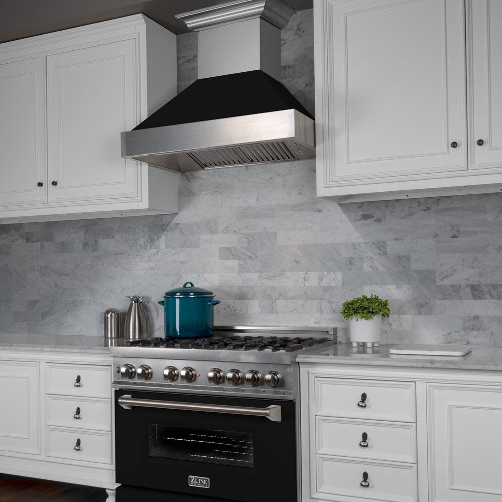 ZLINE Ducted Fingerprint Resistant Stainless Steel Range Hood with Black Matte Shell (8654BLM) above a matching range with Black Matte oven door, side.