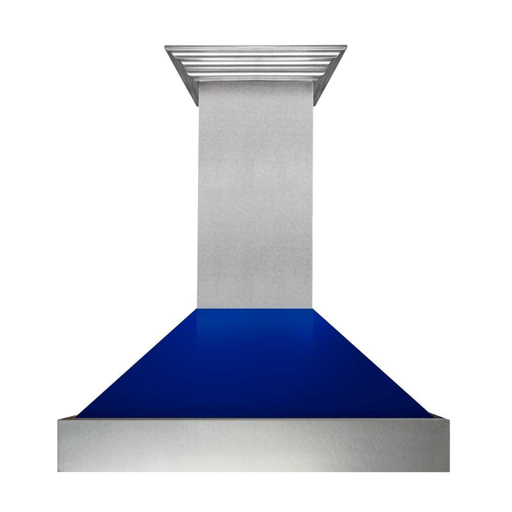 ZLINE Ducted Fingerprint Resistant Stainless Steel Range Hood with Blue Gloss Shell (8654BG) front.