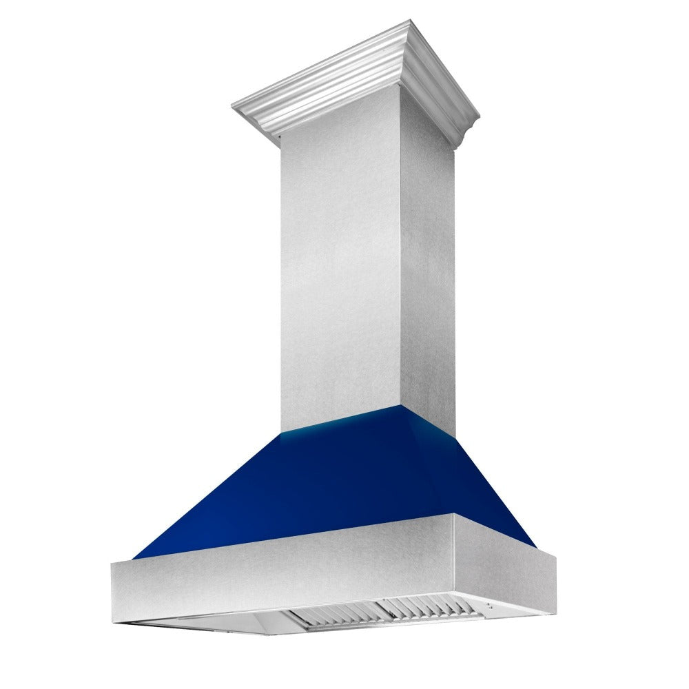 ZLINE Ducted Fingerprint Resistant Stainless Steel Range Hood with Blue Gloss Shell (8654BG) side under.