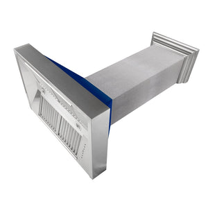 ZLINE Ducted Fingerprint Resistant Stainless Steel Range Hood with Blue Gloss Shell (8654BG) angled under.