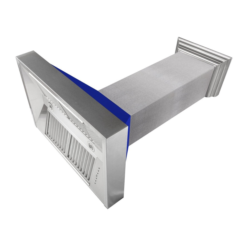 ZLINE Ducted Fingerprint Resistant Stainless Steel Range Hood with Blue Matte Shell (8654BM) angled, under.