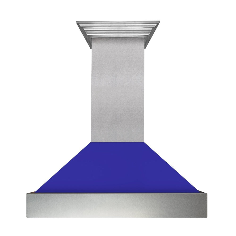 ZLINE Ducted Fingerprint Resistant Stainless Steel Range Hood with Blue Matte Shell (8654BM) front.