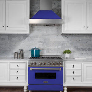 ZLINE Ducted Fingerprint Resistant Stainless Steel Range Hood with Blue Matte Shell (8654BM) in a kitchen above a matching Blue Matte Range, front.