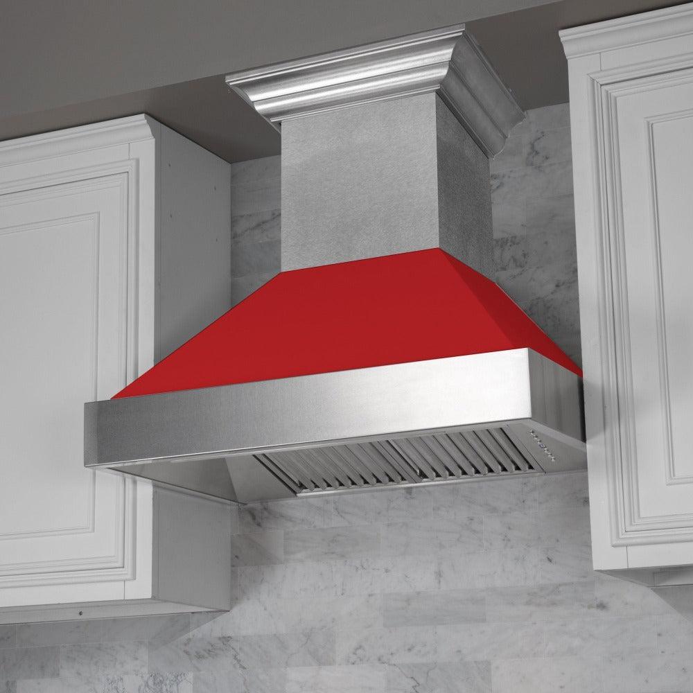 ZLINE Ducted Fingerprint Resistant Stainless Steel Range Hood with Red Matte Shell (8654RM) with a short chimney in a luxury kitchen.