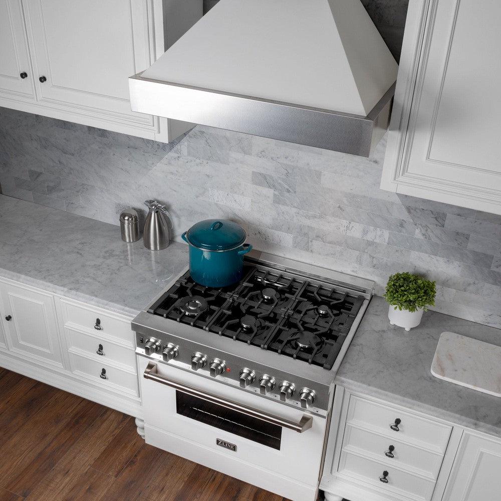 ZLINE Fingerprint Resistant Stainless Steel Range Hood With White Matte Shell (8654WM) in a kitchen with matching range from above.