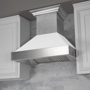 ZLINE Fingerprint Resistant Stainless Steel Range Hood With White Matte Shell (8654WM) with a short chimney in a kitchen.