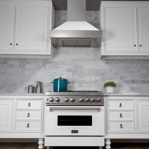 ZLINE Fingerprint Resistant Stainless Steel Range Hood With White Matte Shell (8654WM) with a short chimney above a matching kitchen range from under.