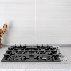 ZLINE 30 in. Gas Cooktop with 4 Burners and Black Porcelain Top (RC30-PBT) in a cottage-style kitchen, front.