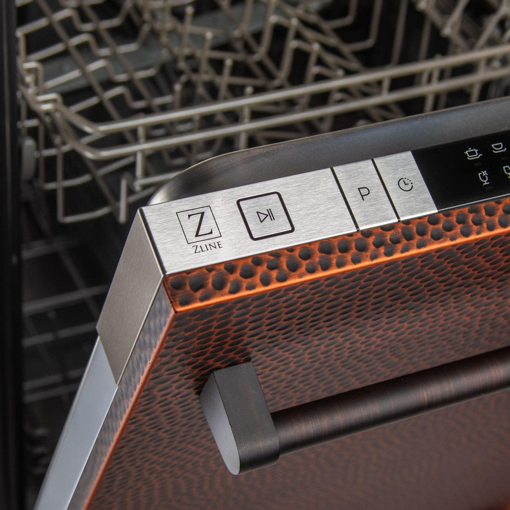 ZLINE 24 in. Top Control Dishwasher with Hand-Hammered Copper Panel and Traditional Style Handle, 52dBa (DW-HH-H-24) front, door open with top touch control panel.