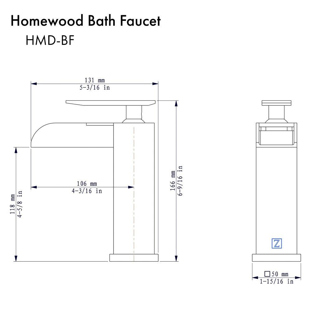 ZLINE Homewood Waterfall Bath Faucet in Chrome (HMD-BF-CH) dimensional diagram.