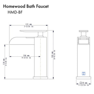 ZLINE Homewood Waterfall Bath Faucet in Chrome (HMD-BF-CH) dimensional diagram.