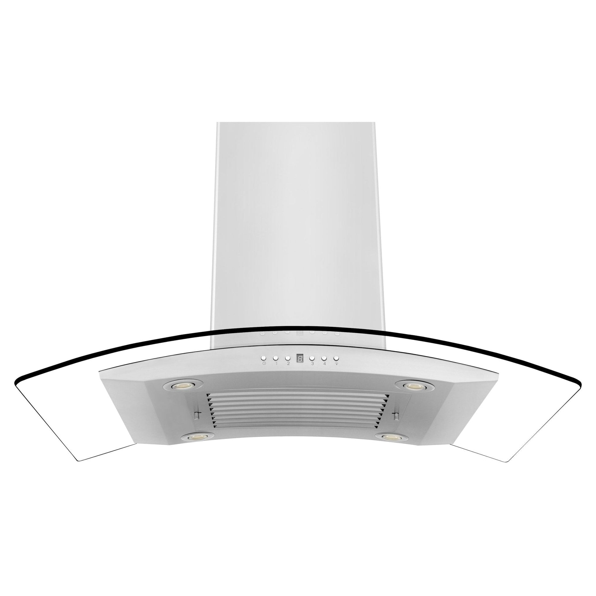 ZLINE Convertible Vent Island Mount Range Hood in Stainless Steel and Glass (GL14i) front, under.