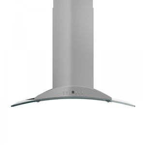 ZLINE Convertible Vent Island Mount Range Hood in Stainless Steel and Glass (GL9i) front, with extended chimney.