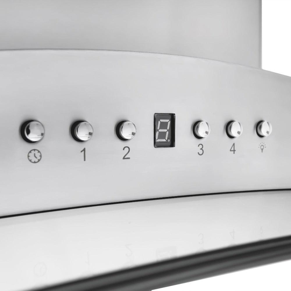 ZLINE Convertible Vent Island Mount Range Hood in Stainless Steel and Glass (GL9i) buttons and display.