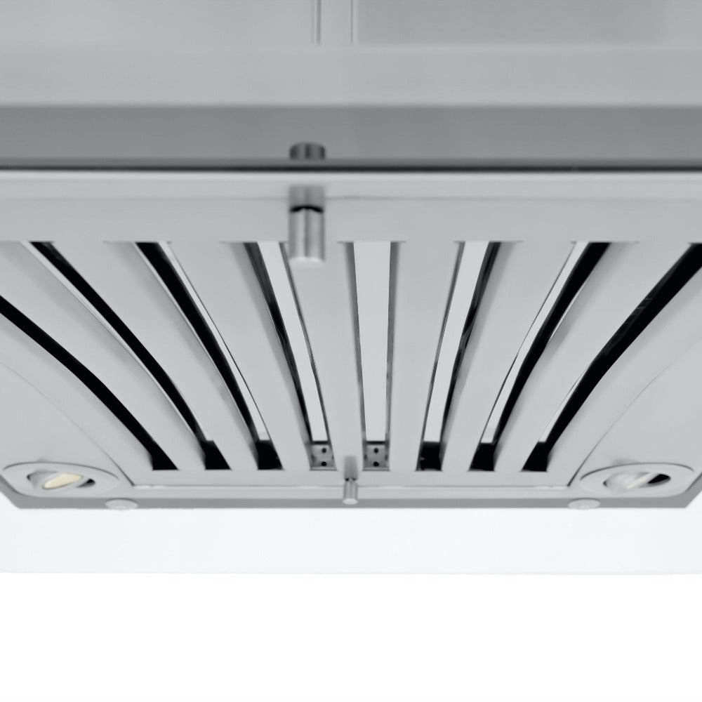 ZLINE Convertible Vent Island Mount Range Hood in Stainless Steel and Glass (GL9i) baffle filters close-up.