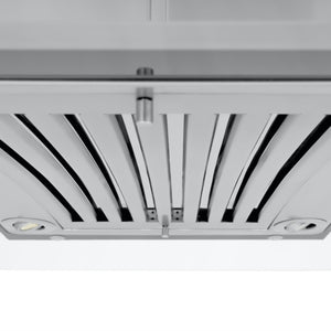 ZLINE Convertible Vent Island Mount Range Hood in Stainless Steel and Glass (GL9i) baffle filters close-up.