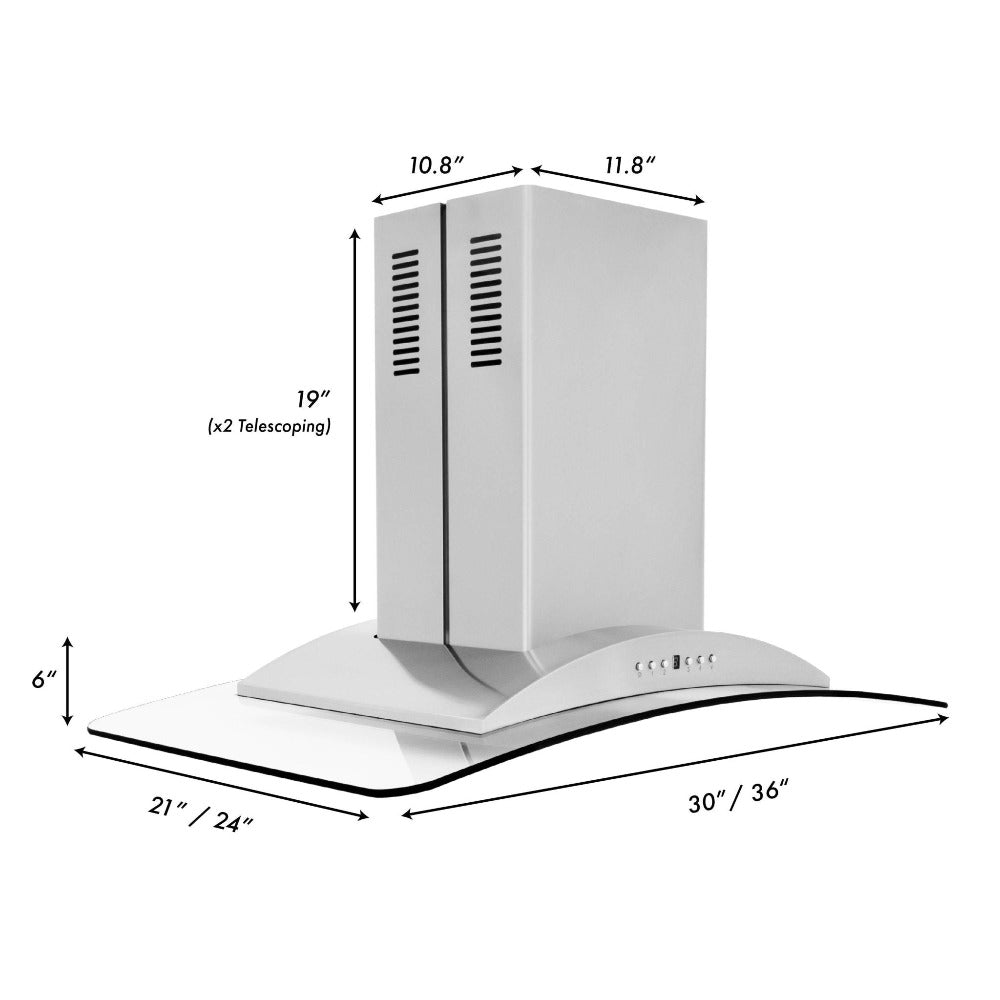 ZLINE Convertible Vent Island Mount Range Hood in Stainless Steel and Glass (GL9i) dimensional diagram.