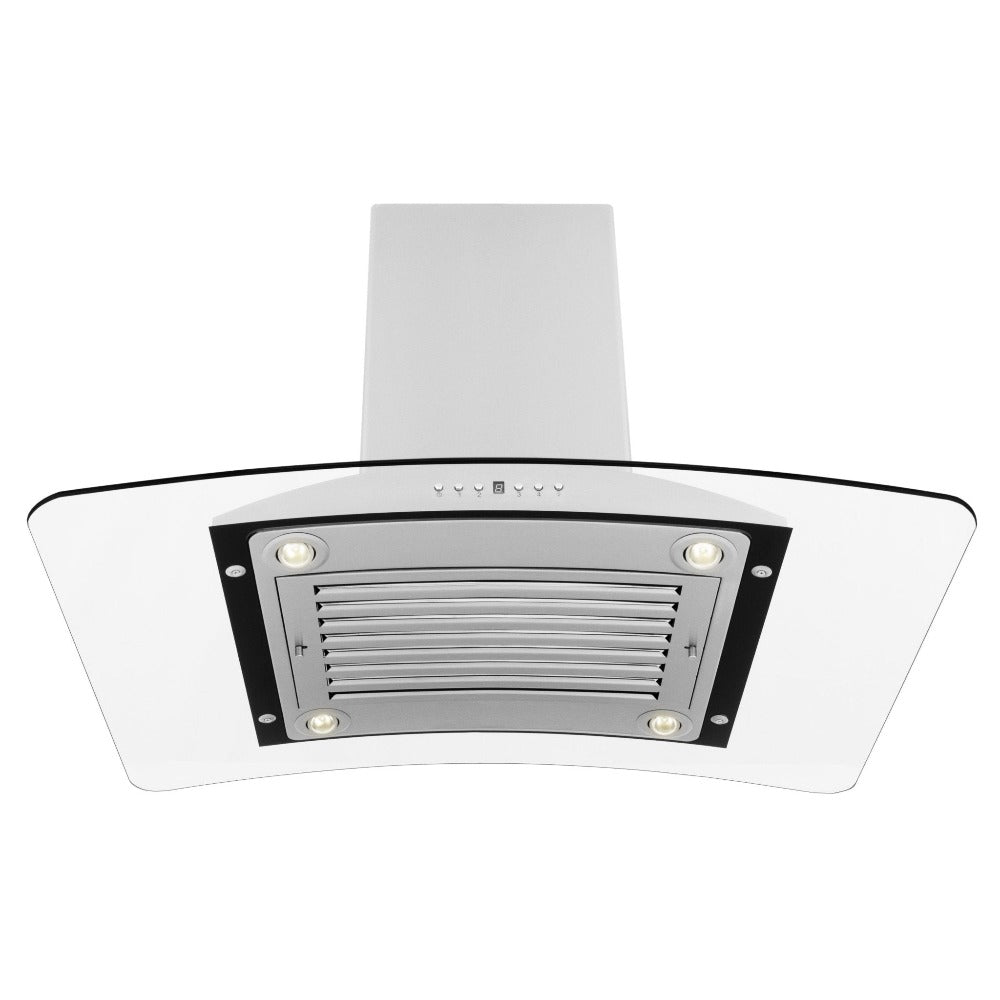 ZLINE Convertible Vent Island Mount Range Hood in Stainless Steel and Glass (GL9i) front, under.